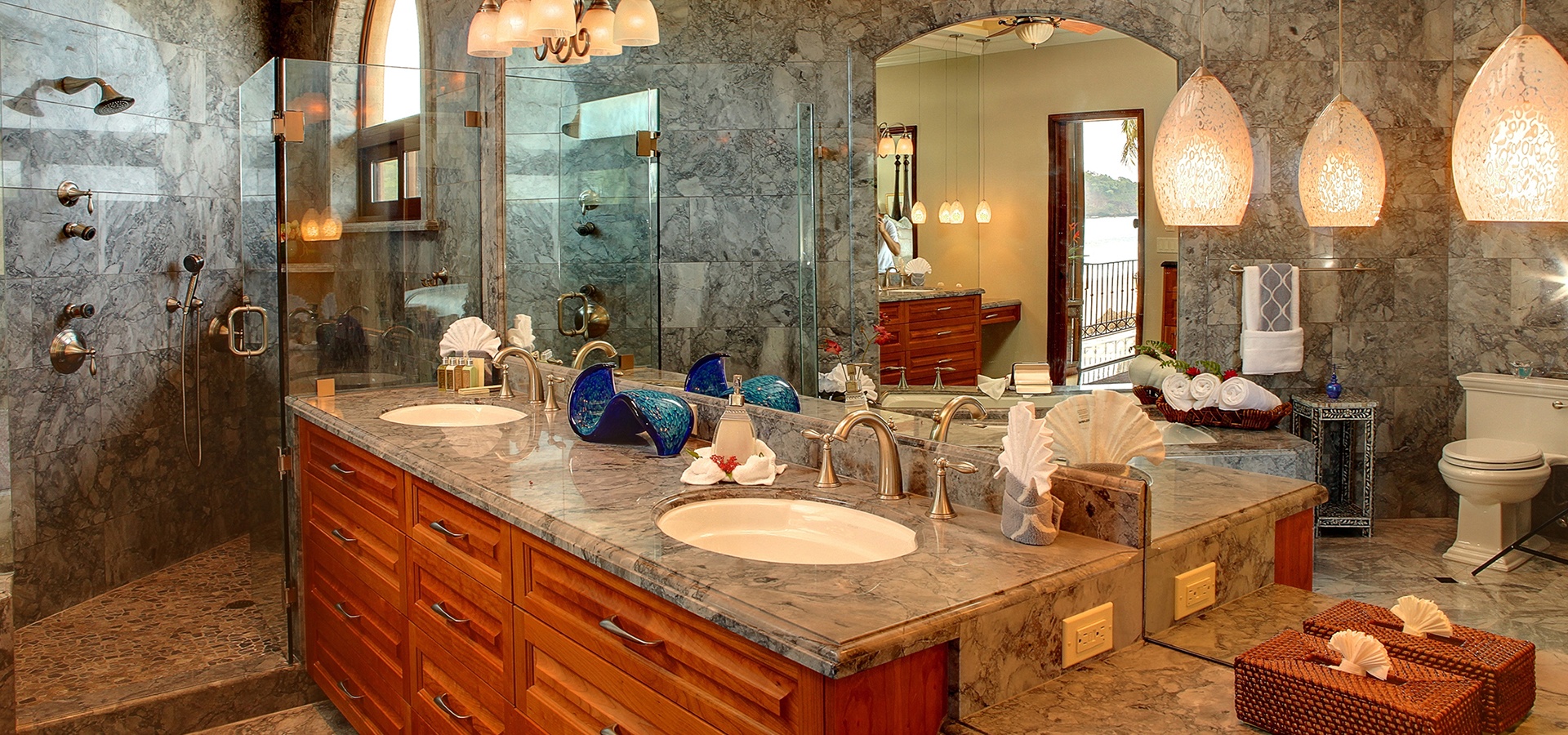 Palms Villas Costa Rica Luxury Bathroom with exquisite marble and solid hardwood flooring, 3 Bedroom Villa